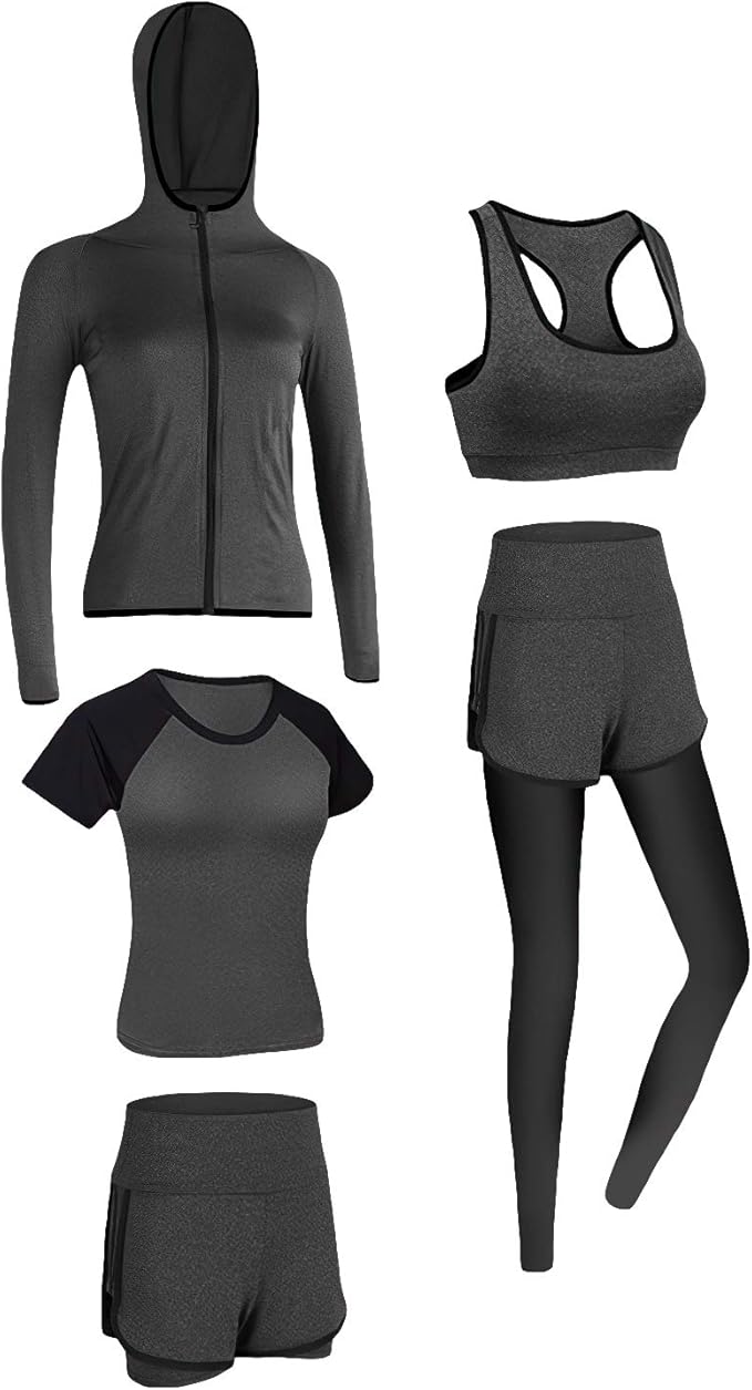 nwada 女式运动服 5 件套瑜伽服健身运动运动运动服带裤子短裤运动